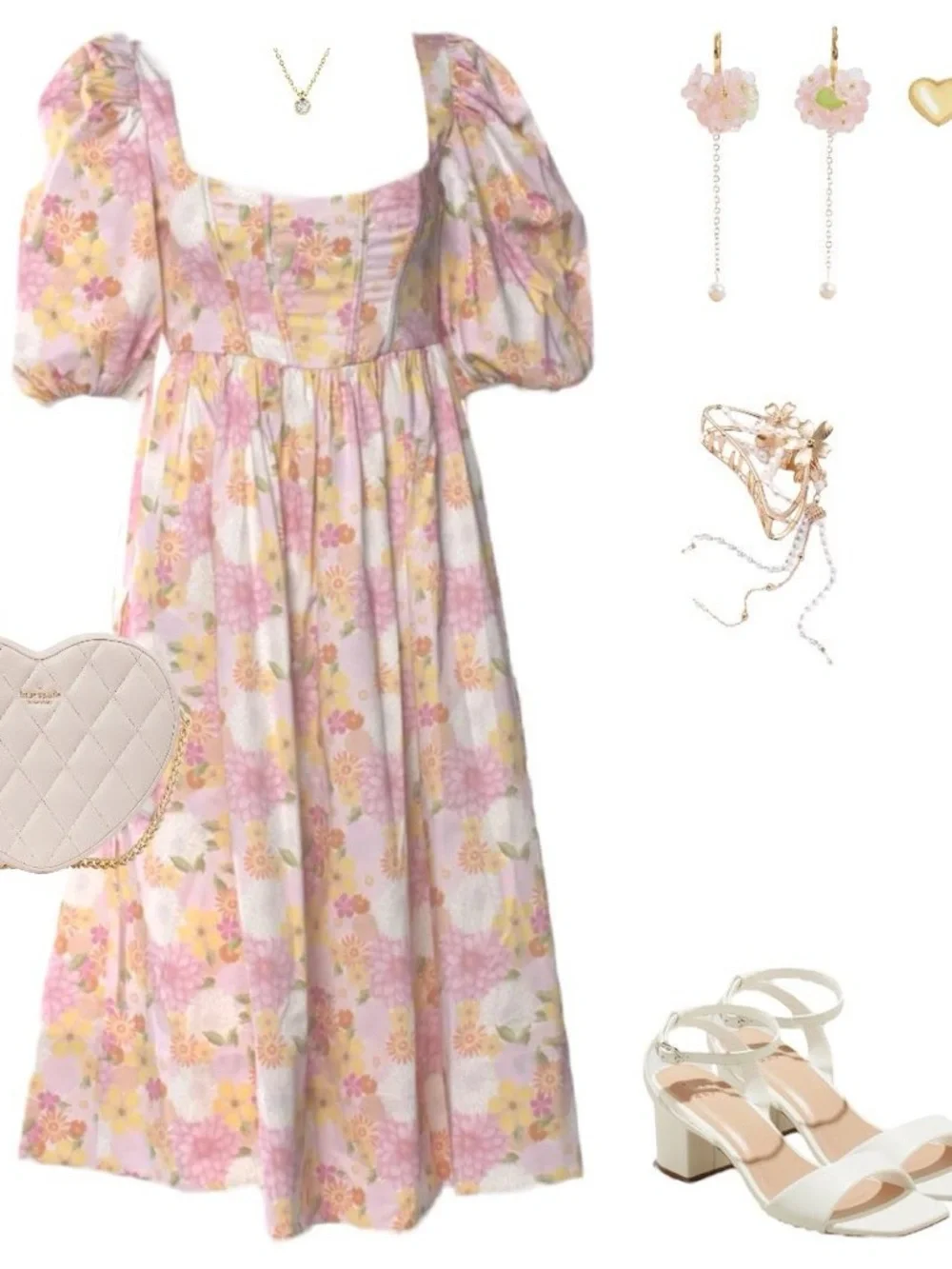 Love & Lemons Carrie Midi Dress Floral Corset Puff Sleeve Cottagecore coquette